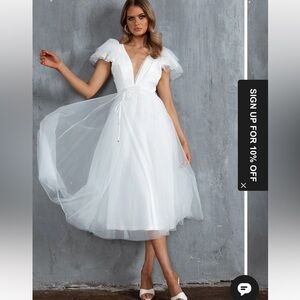 Leap Of Faith Frill Shoulder Tulle Midi Dress White